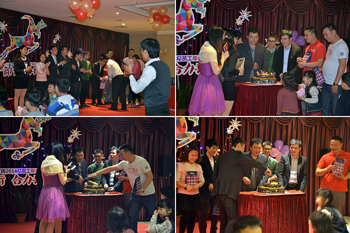 為生日的員工送上蛋糕，董事長還為壽星們送上精美禮物